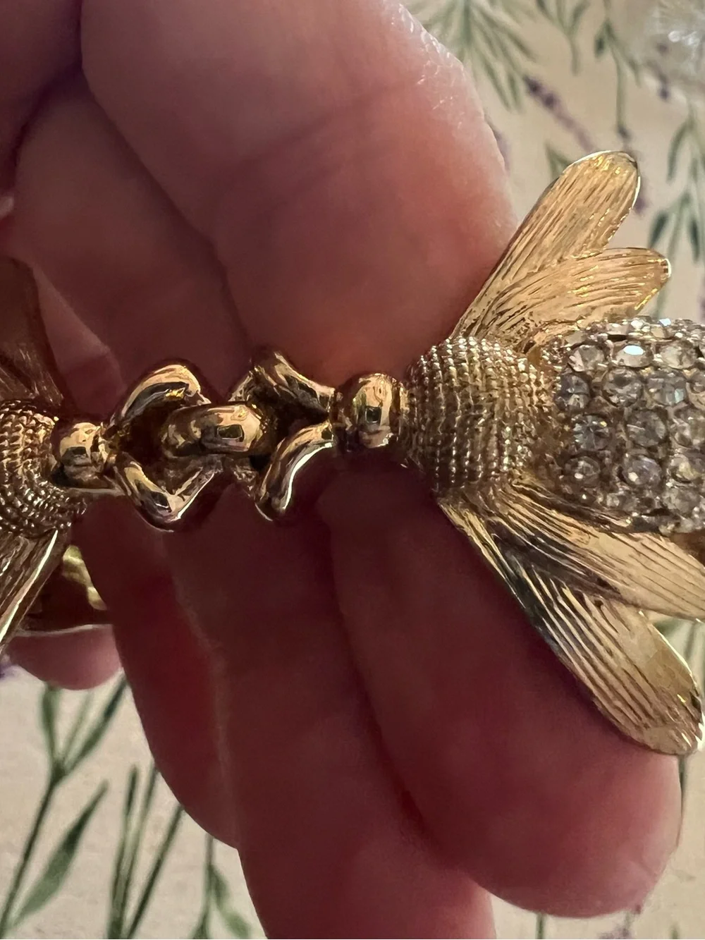 Gold-Tone Hinged Double Bee  Bracelet with Green Enamel and Crystal Accents
